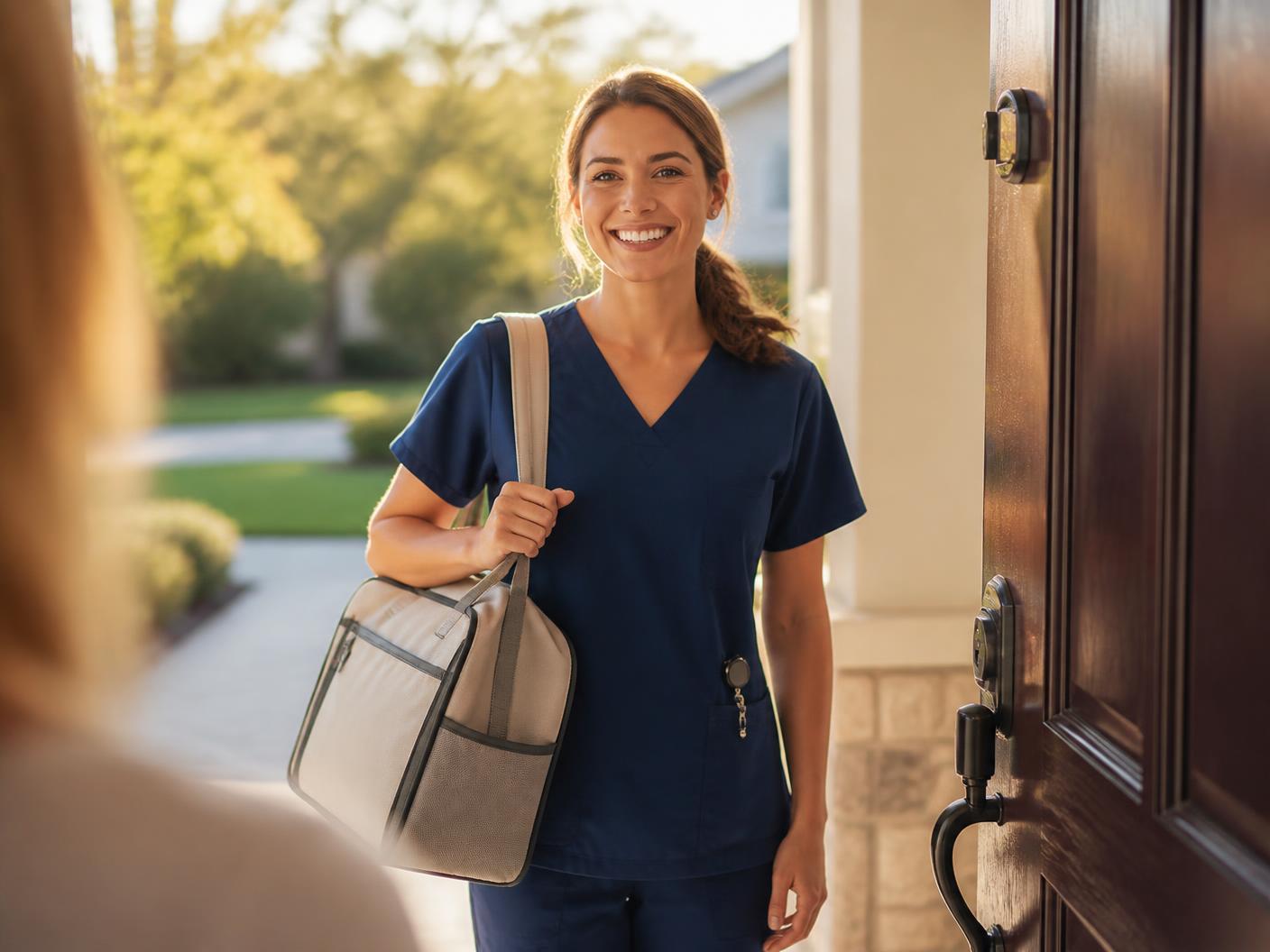 A registered nurse arriving at a client's home with a treatment case