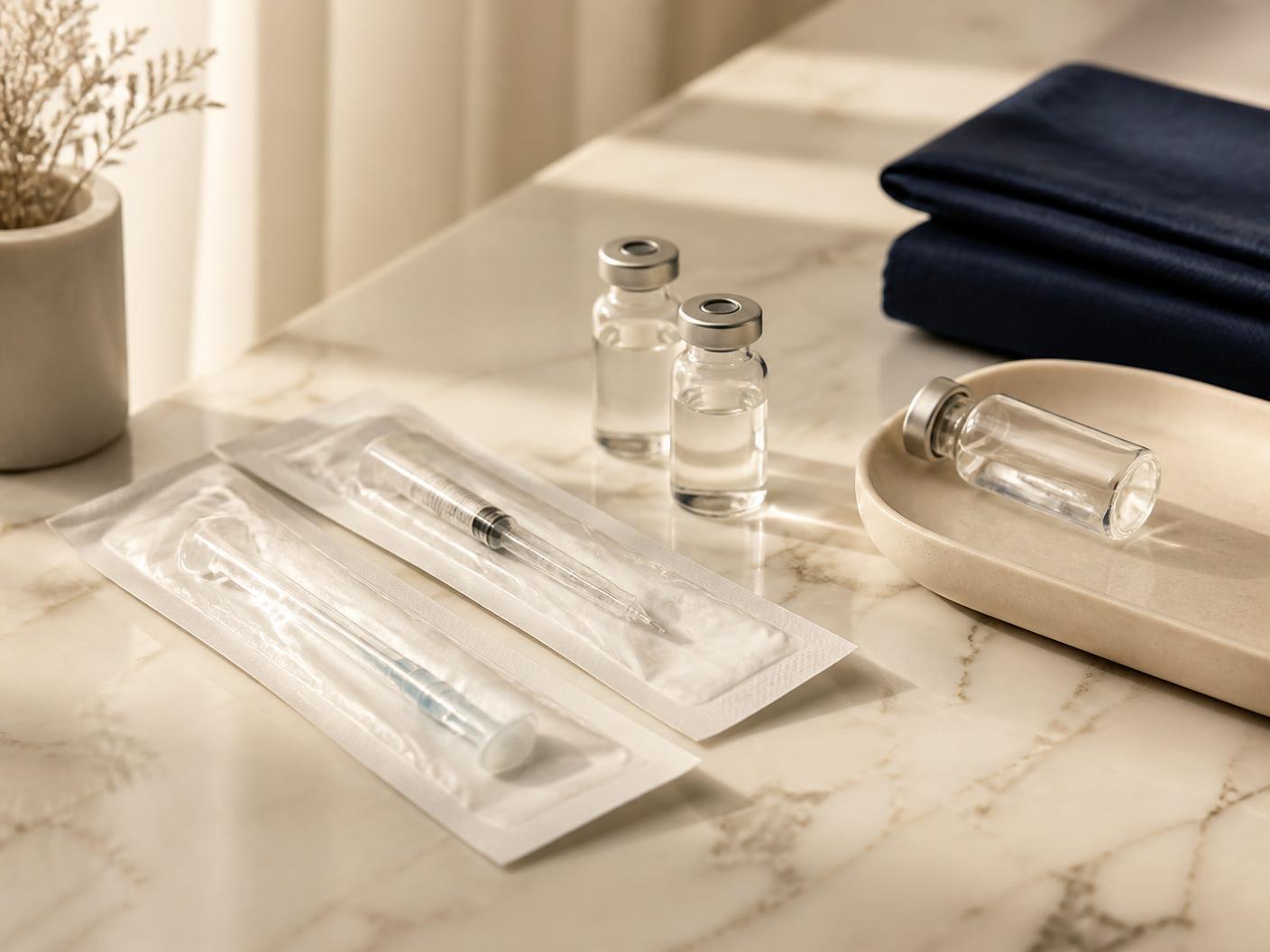 Sealed single-use infusion supplies and clean glass vials arranged on a marble surface